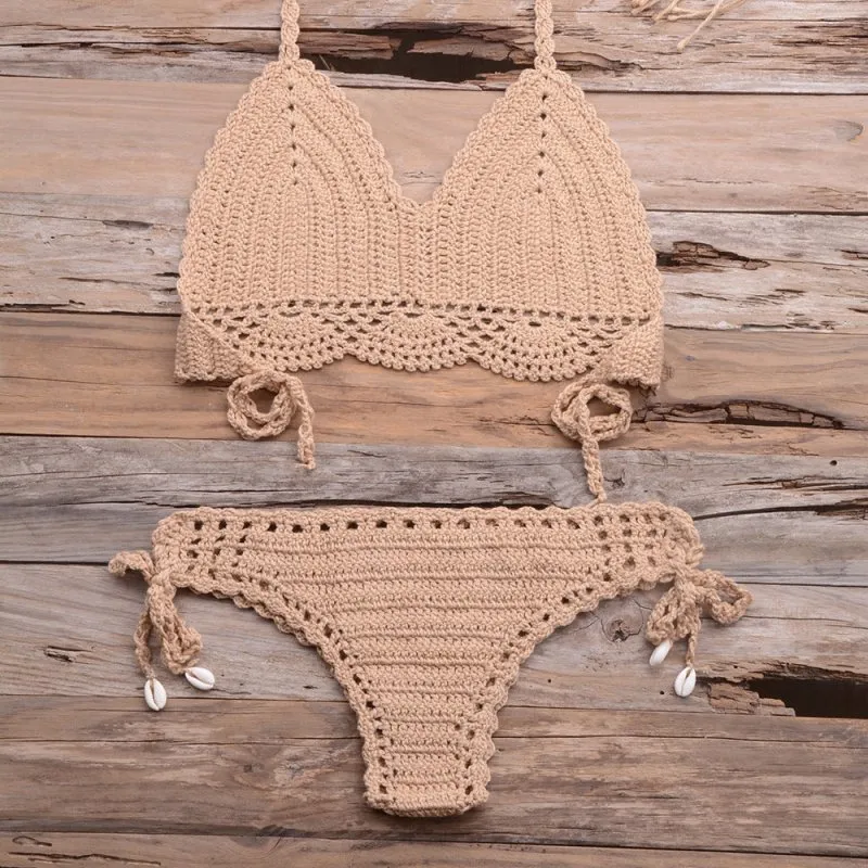 Beach Hollow-out Handmade Woven Split Strap Tank-Top Matching Shell Bikini Briefs