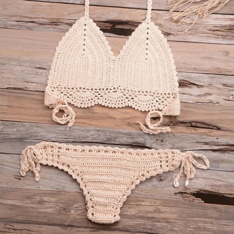 Beach Hollow-out Handmade Woven Split Strap Tank-Top Matching Shell Bikini Briefs