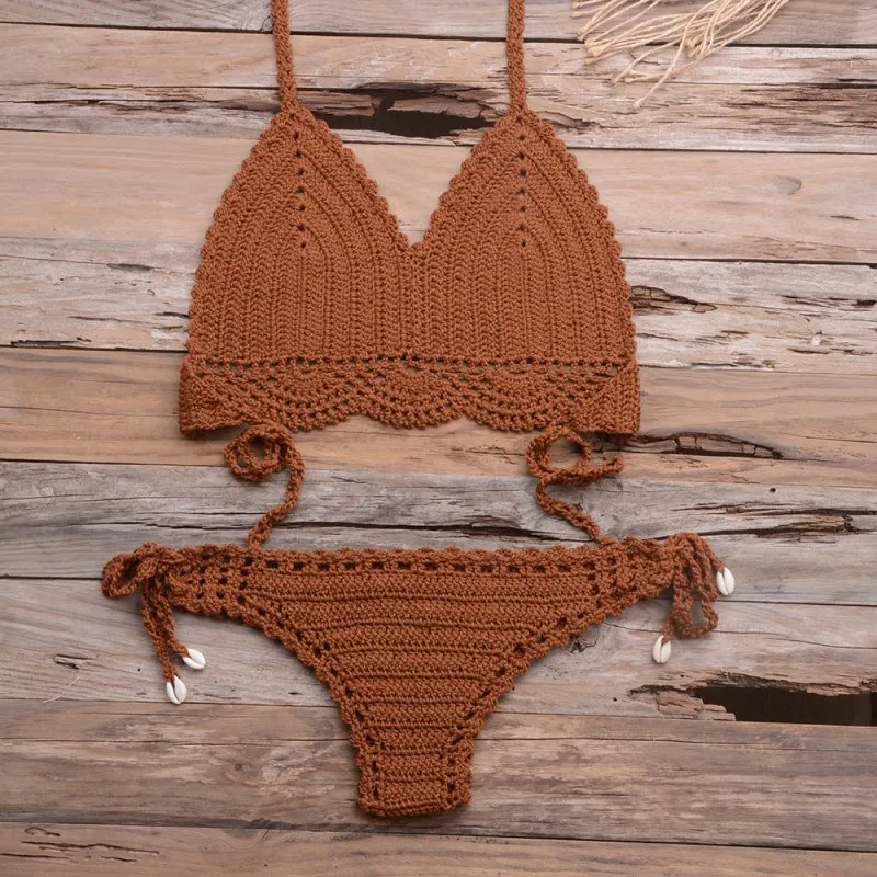 Beach Hollow-out Handmade Woven Split Strap Tank-Top Matching Shell Bikini Briefs