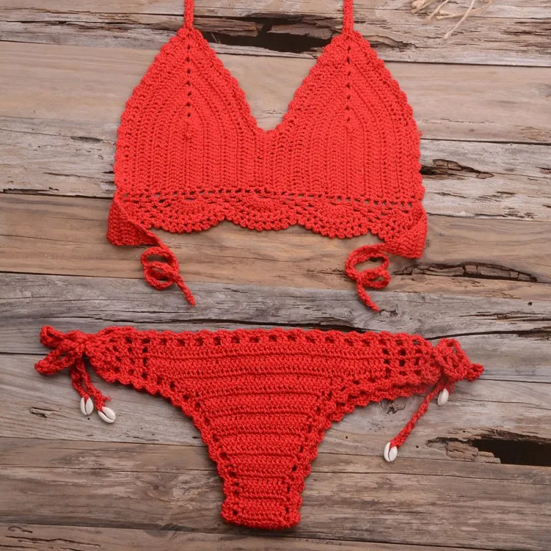 Beach Hollow-out Handmade Woven Split Strap Tank-Top Matching Shell Bikini Briefs