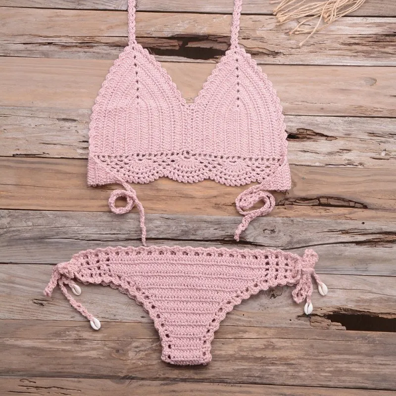 Beach Hollow-out Handmade Woven Split Strap Tank-Top Matching Shell Bikini Briefs