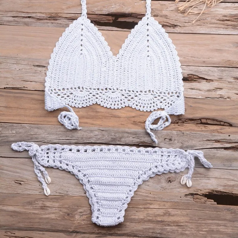 Beach Hollow-out Handmade Woven Split Strap Tank-Top Matching Shell Bikini Briefs