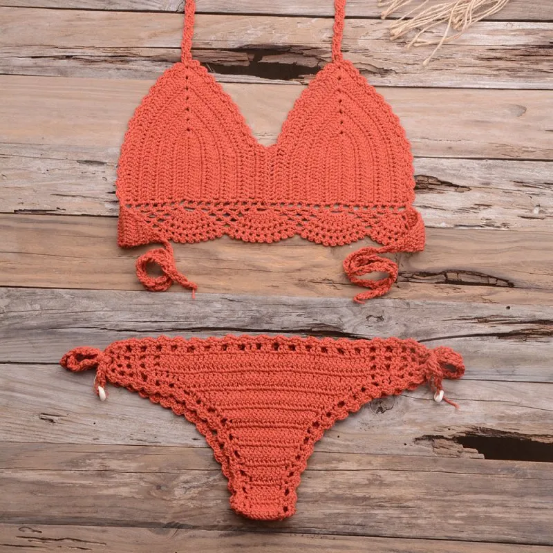 Beach Hollow-out Handmade Woven Split Strap Tank-Top Matching Shell Bikini Briefs