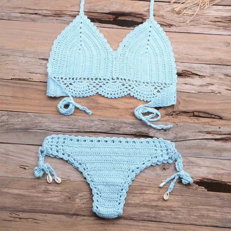 Beach Hollow-out Handmade Woven Split Strap Tank-Top Matching Shell Bikini Briefs