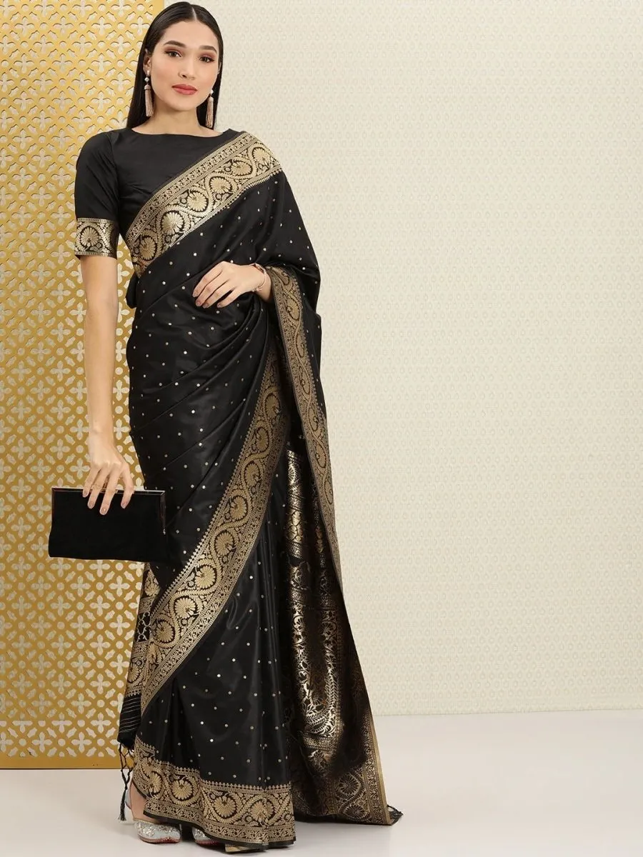 Black and Golden Floral Polka Zari Woven Saree