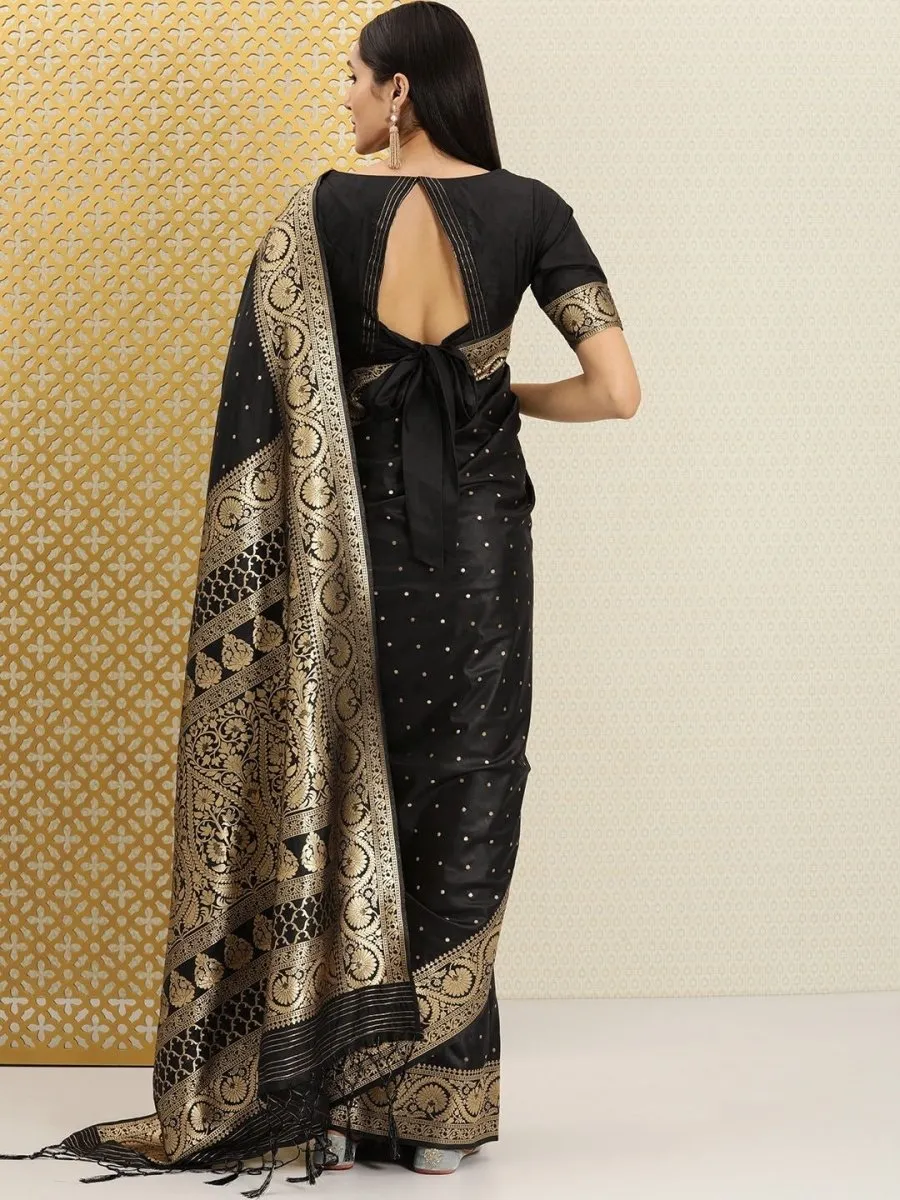 Black and Golden Floral Polka Zari Woven Saree