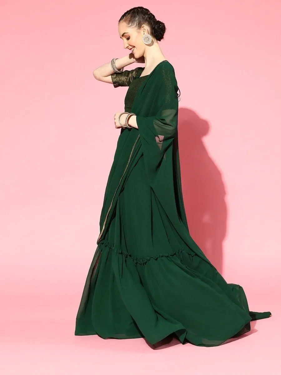 Bottle Green Stitched Teired Lehenga Saree with Brocade Blouse Piece