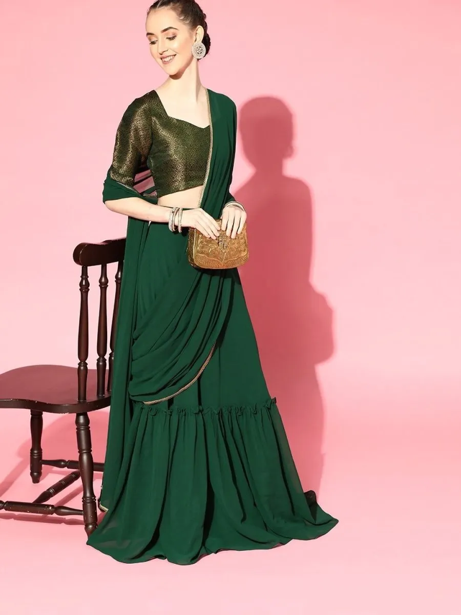 Bottle Green Stitched Teired Lehenga Saree with Brocade Blouse Piece