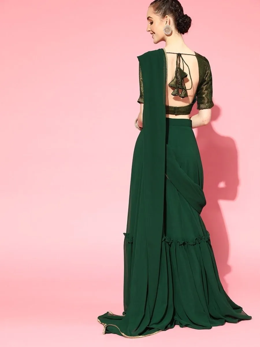 Bottle Green Stitched Teired Lehenga Saree with Brocade Blouse Piece