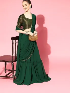 Bottle Green Stitched Teired Lehenga Saree with Brocade Blouse Piece
