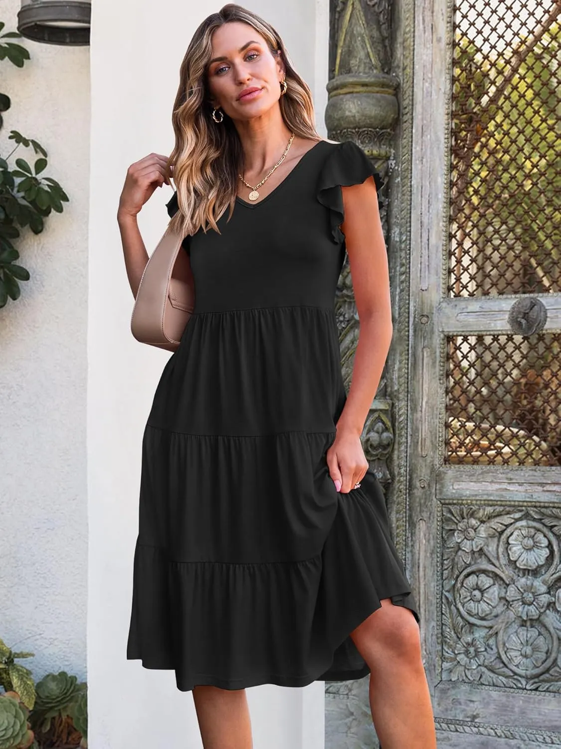 Caracilia Womens Summer Ruffle Sleeve V Neck Midi Dress Flowy Boho Casual A-Line Tiered Knee Length Beach Vacation Sundress