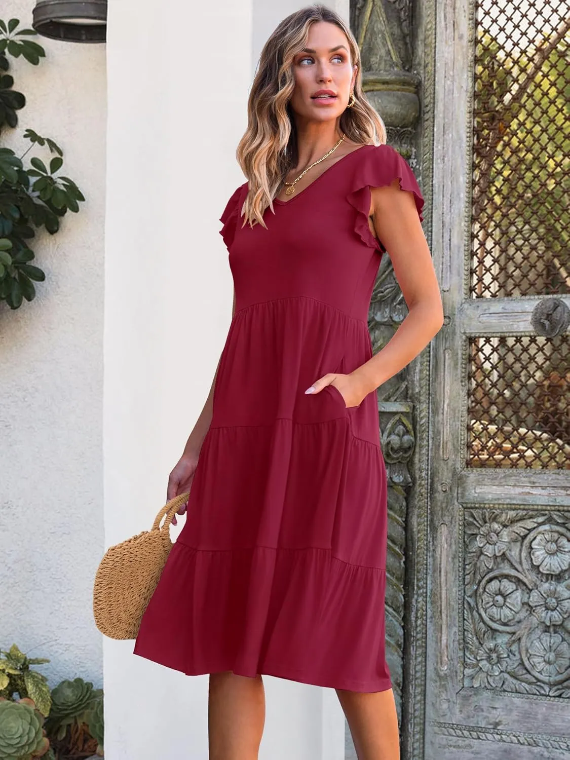 Caracilia Womens Summer Ruffle Sleeve V Neck Midi Dress Flowy Boho Casual A-Line Tiered Knee Length Beach Vacation Sundress