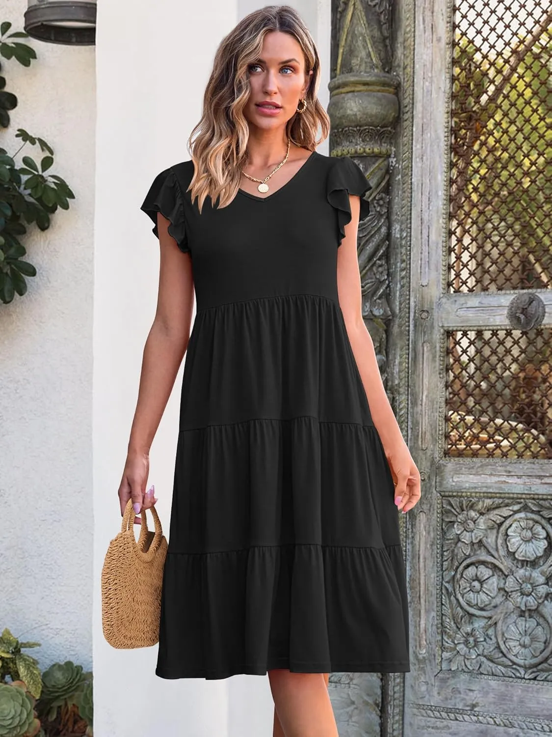 Caracilia Womens Summer Ruffle Sleeve V Neck Midi Dress Flowy Boho Casual A-Line Tiered Knee Length Beach Vacation Sundress