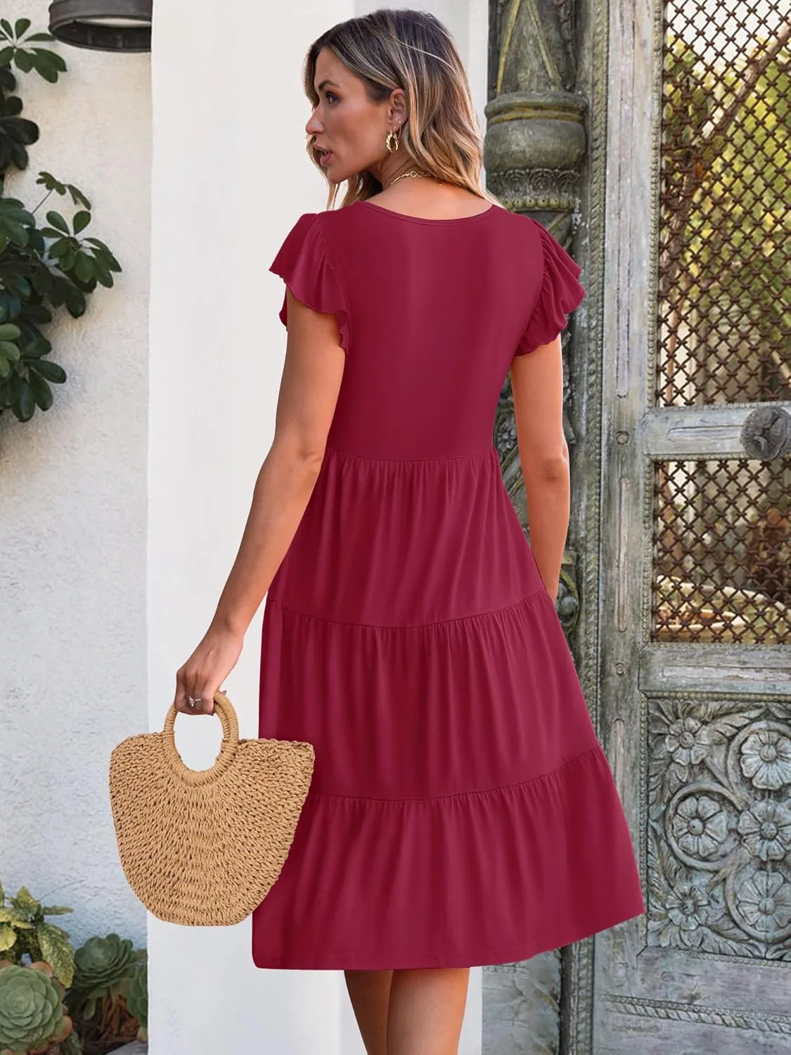 Caracilia Womens Summer Ruffle Sleeve V Neck Midi Dress Flowy Boho Casual A-Line Tiered Knee Length Beach Vacation Sundress