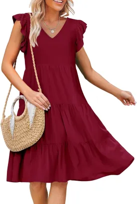 Caracilia Womens Summer Ruffle Sleeve V Neck Midi Dress Flowy Boho Casual A-Line Tiered Knee Length Beach Vacation Sundress