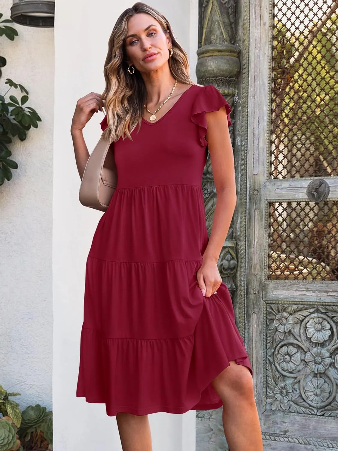 Caracilia Womens Summer Ruffle Sleeve V Neck Midi Dress Flowy Boho Casual A-Line Tiered Knee Length Beach Vacation Sundress