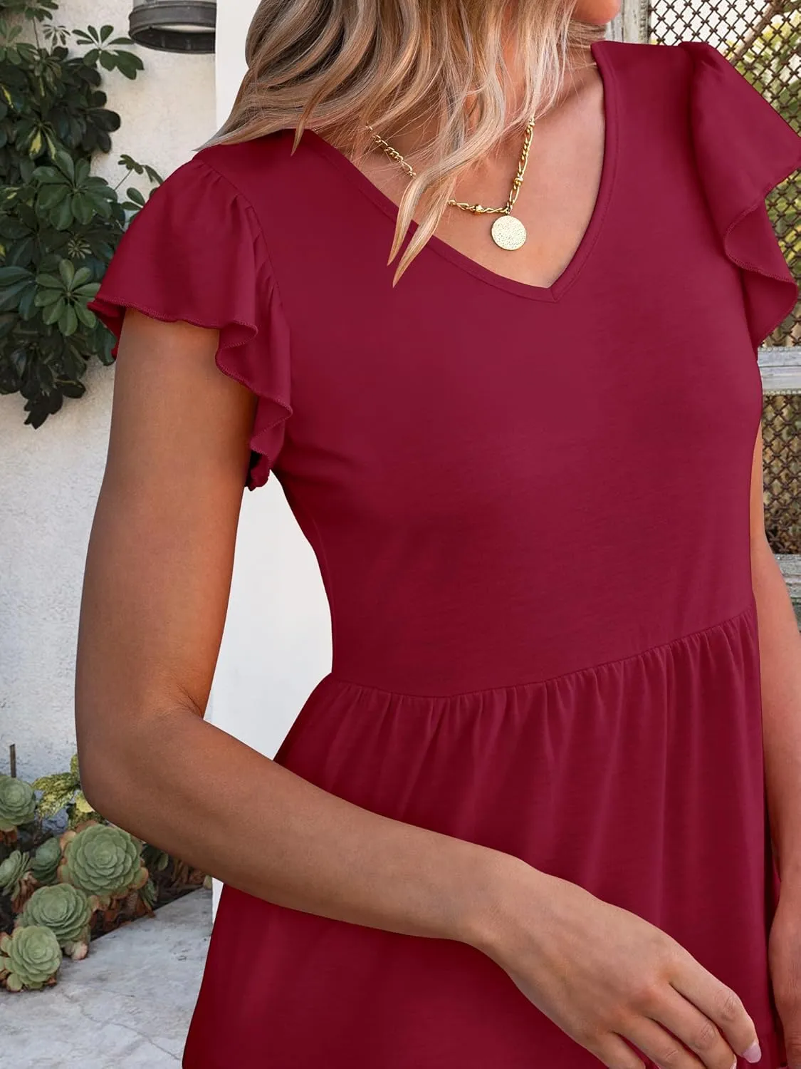 Caracilia Womens Summer Ruffle Sleeve V Neck Midi Dress Flowy Boho Casual A-Line Tiered Knee Length Beach Vacation Sundress