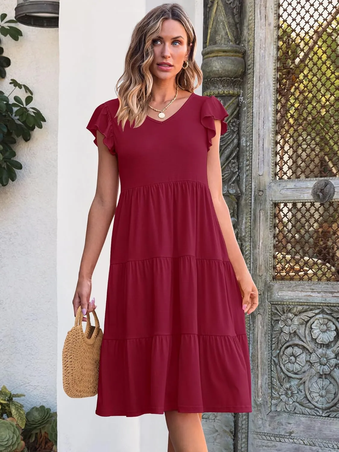 Caracilia Womens Summer Ruffle Sleeve V Neck Midi Dress Flowy Boho Casual A-Line Tiered Knee Length Beach Vacation Sundress