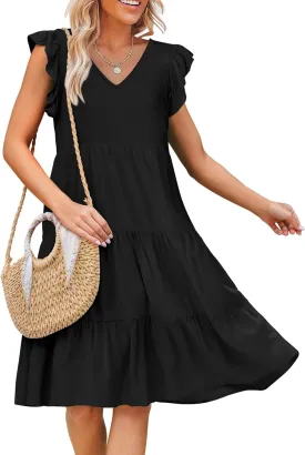 Caracilia Womens Summer Ruffle Sleeve V Neck Midi Dress Flowy Boho Casual A-Line Tiered Knee Length Beach Vacation Sundress