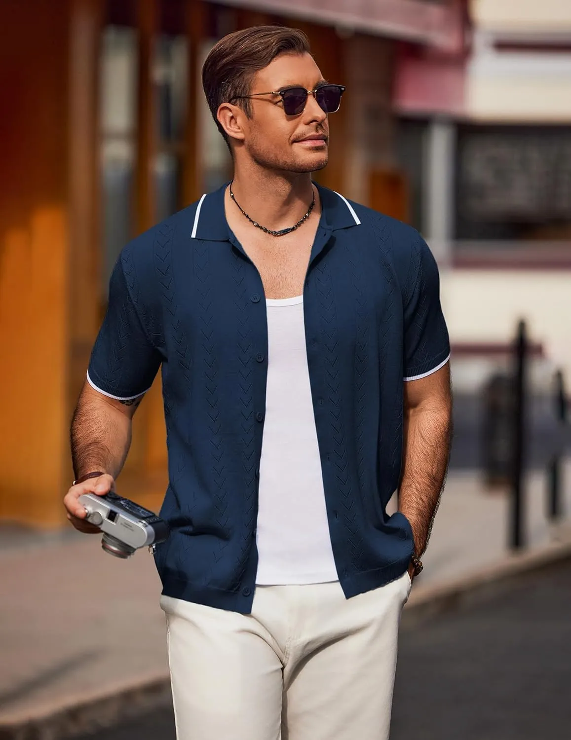 COOFANDY Mens Knit Polo Shirts Button Down Short Sleeve Shirt Summer Casual Beach Vacation Tops