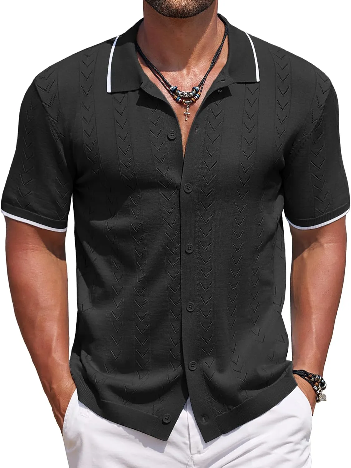 COOFANDY Mens Knit Polo Shirts Button Down Short Sleeve Shirt Summer Casual Beach Vacation Tops