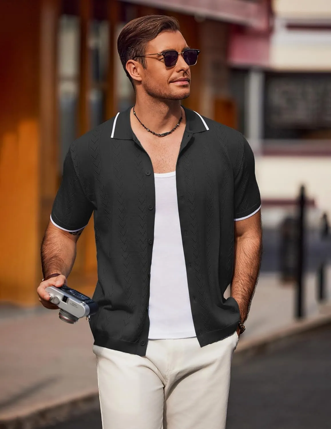 COOFANDY Mens Knit Polo Shirts Button Down Short Sleeve Shirt Summer Casual Beach Vacation Tops