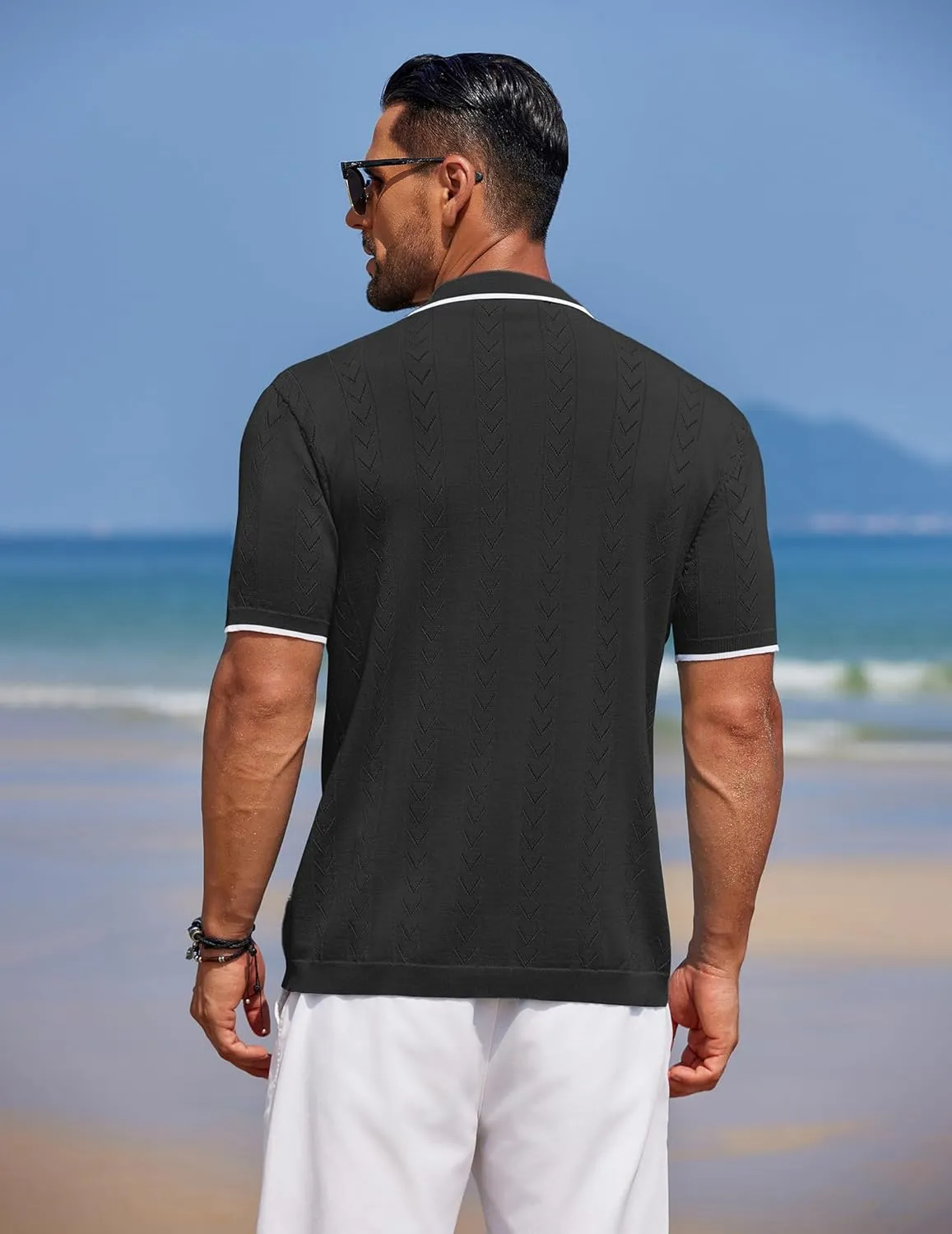 COOFANDY Mens Knit Polo Shirts Button Down Short Sleeve Shirt Summer Casual Beach Vacation Tops