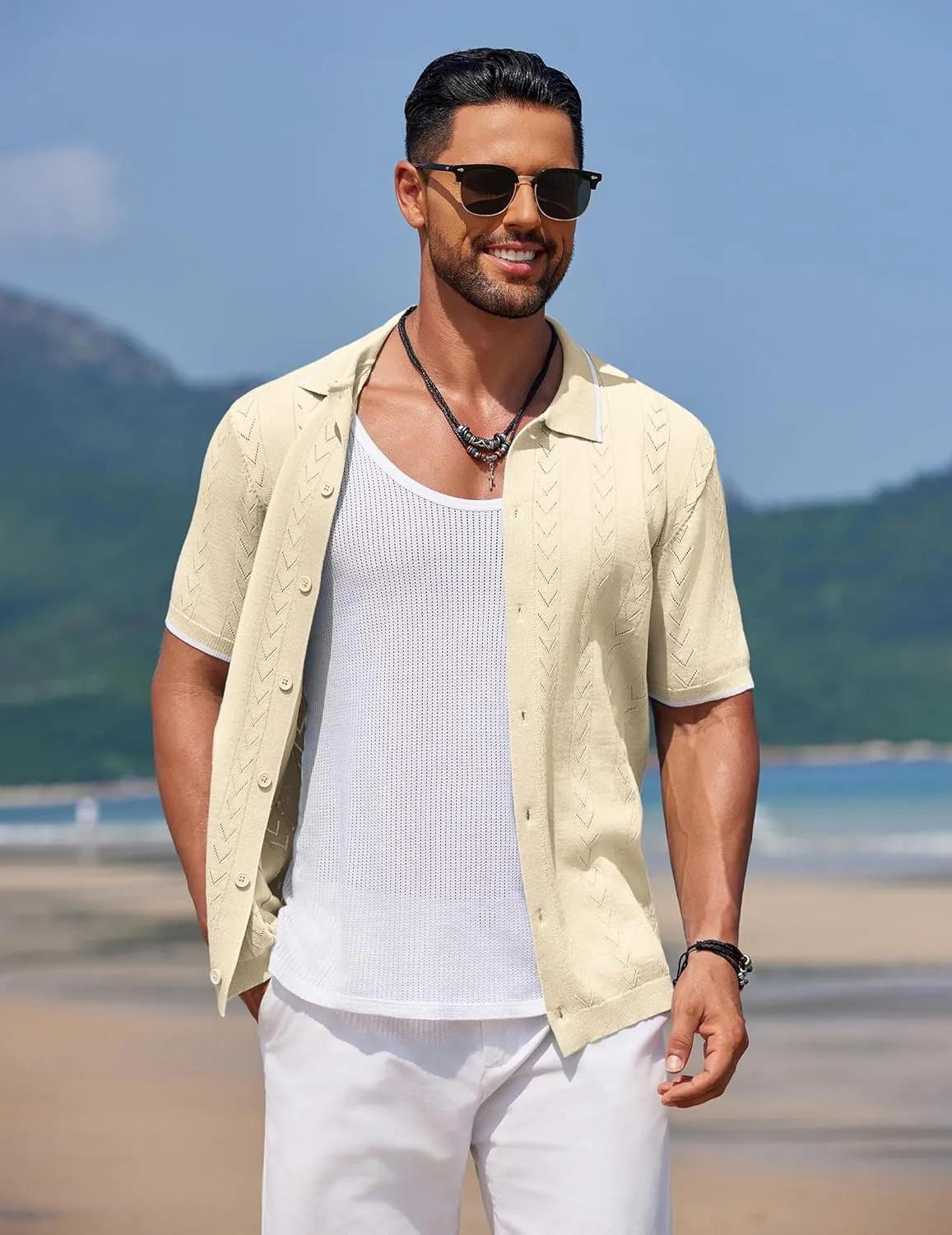 COOFANDY Mens Knit Polo Shirts Button Down Short Sleeve Shirt Summer Casual Beach Vacation Tops