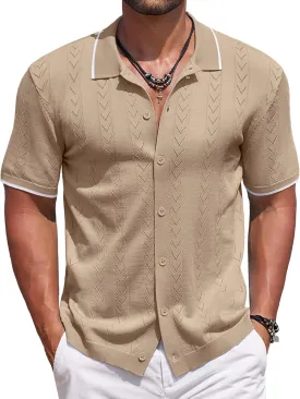 COOFANDY Mens Knit Polo Shirts Button Down Short Sleeve Shirt Summer Casual Beach Vacation Tops