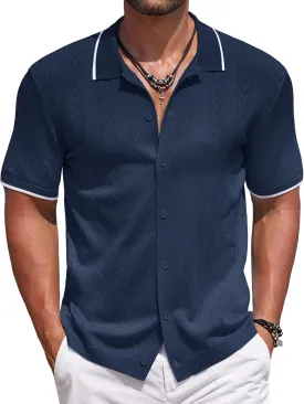COOFANDY Mens Knit Polo Shirts Button Down Short Sleeve Shirt Summer Casual Beach Vacation Tops