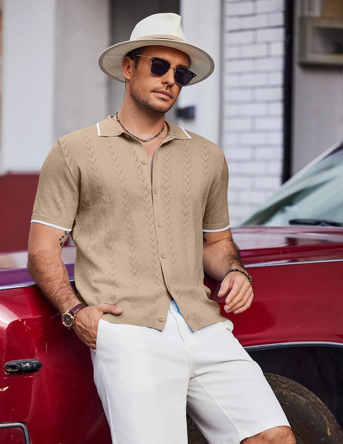 COOFANDY Mens Knit Polo Shirts Button Down Short Sleeve Shirt Summer Casual Beach Vacation Tops