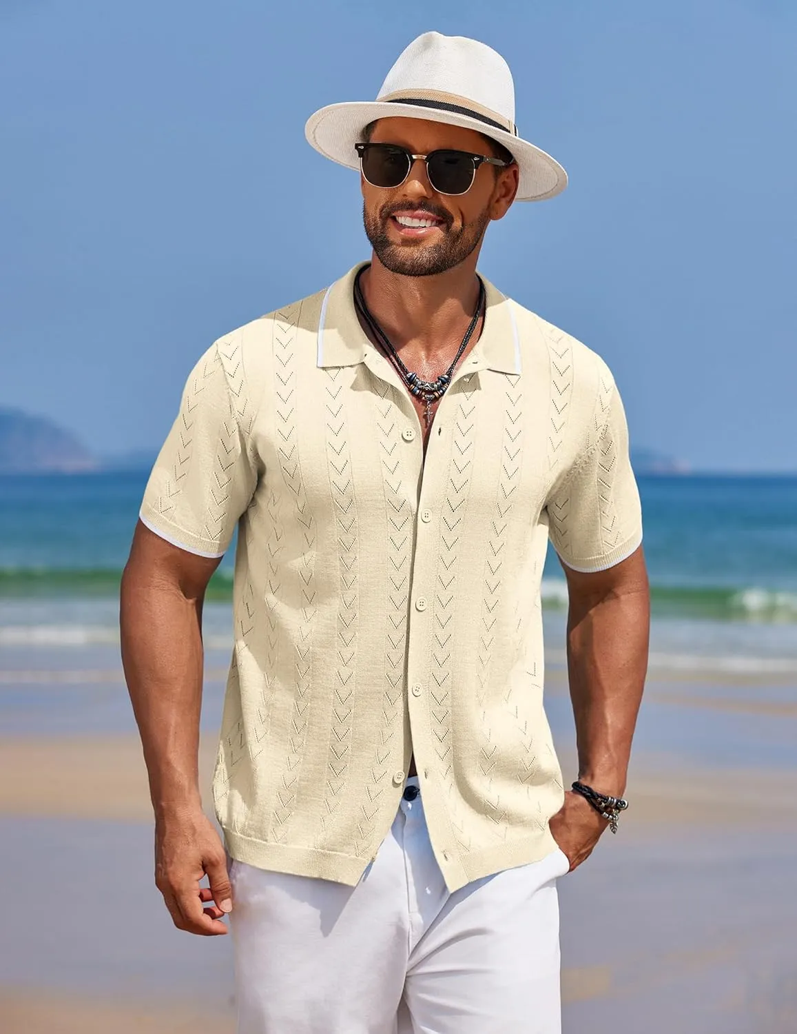 COOFANDY Mens Knit Polo Shirts Button Down Short Sleeve Shirt Summer Casual Beach Vacation Tops