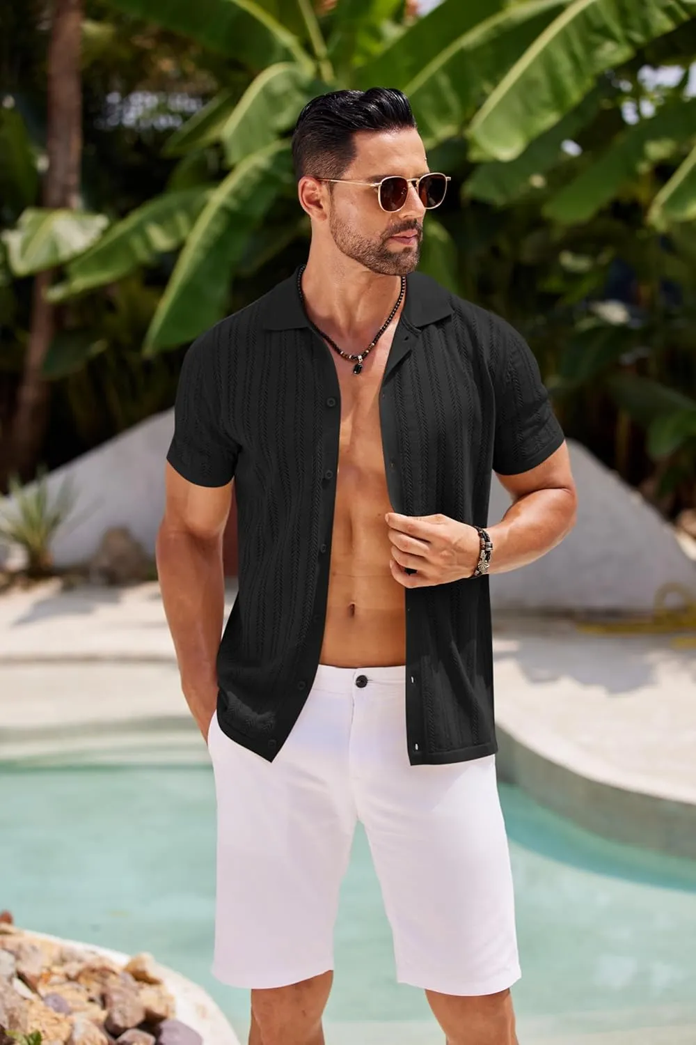 COOFANDY Men's Knit Shirts Short Sleeve Button Down Polo Shirt Crochet Casual Vintage Summer Beach Shirts