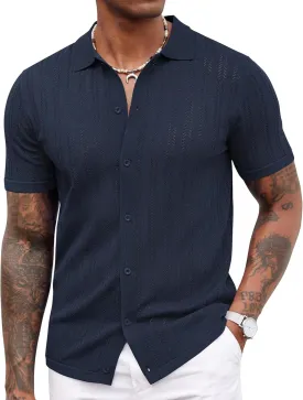 COOFANDY Men's Knit Shirts Short Sleeve Button Down Polo Shirt Crochet Casual Vintage Summer Beach Shirts