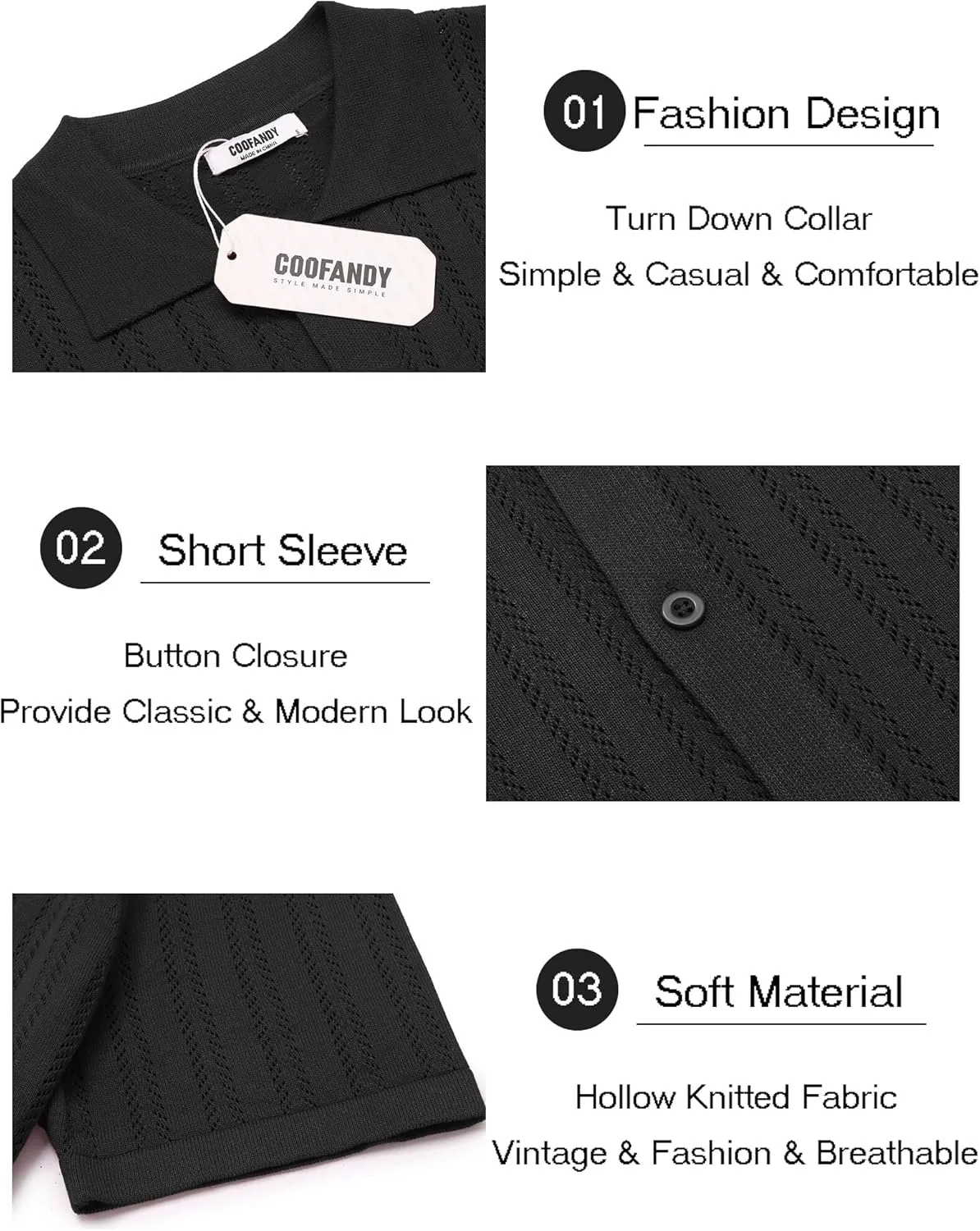 COOFANDY Men's Knit Shirts Short Sleeve Button Down Polo Shirt Crochet Casual Vintage Summer Beach Shirts