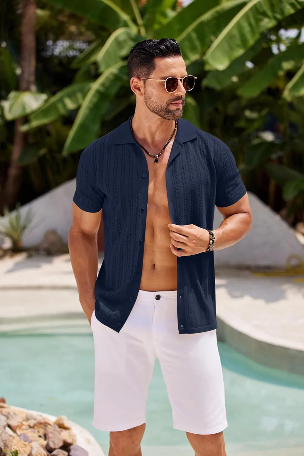 COOFANDY Men's Knit Shirts Short Sleeve Button Down Polo Shirt Crochet Casual Vintage Summer Beach Shirts