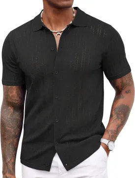COOFANDY Men's Knit Shirts Short Sleeve Button Down Polo Shirt Crochet Casual Vintage Summer Beach Shirts