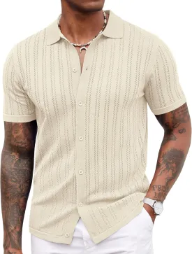 COOFANDY Men's Knit Shirts Short Sleeve Button Down Polo Shirt Crochet Casual Vintage Summer Beach Shirts