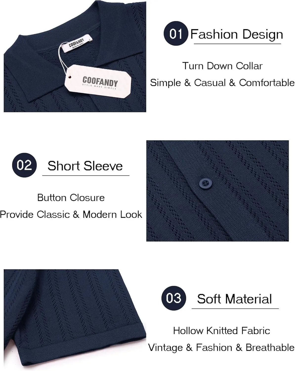 COOFANDY Men's Knit Shirts Short Sleeve Button Down Polo Shirt Crochet Casual Vintage Summer Beach Shirts
