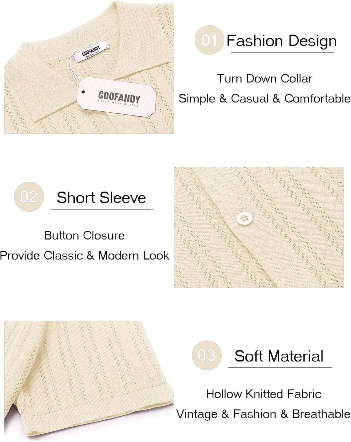 COOFANDY Men's Knit Shirts Short Sleeve Button Down Polo Shirt Crochet Casual Vintage Summer Beach Shirts