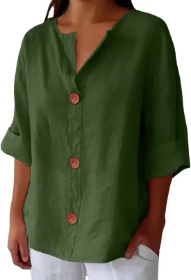 Cotton Linen Shirts for Women V Neck 3/4 Sleeve Tops Loose Vacation Beach Solid Blouses Summer Tops for Women 2025