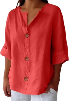 Cotton Linen Shirts for Women V Neck 3/4 Sleeve Tops Loose Vacation Beach Solid Blouses Summer Tops for Women 2025