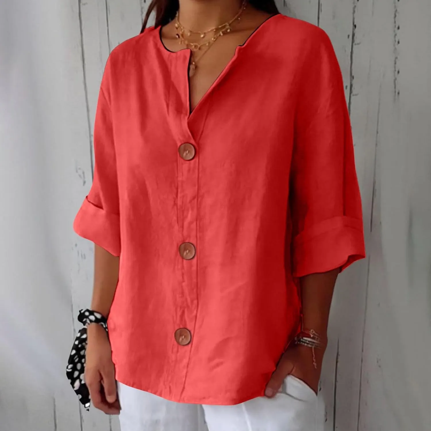 Cotton Linen Shirts for Women V Neck 3/4 Sleeve Tops Loose Vacation Beach Solid Blouses Summer Tops for Women 2025