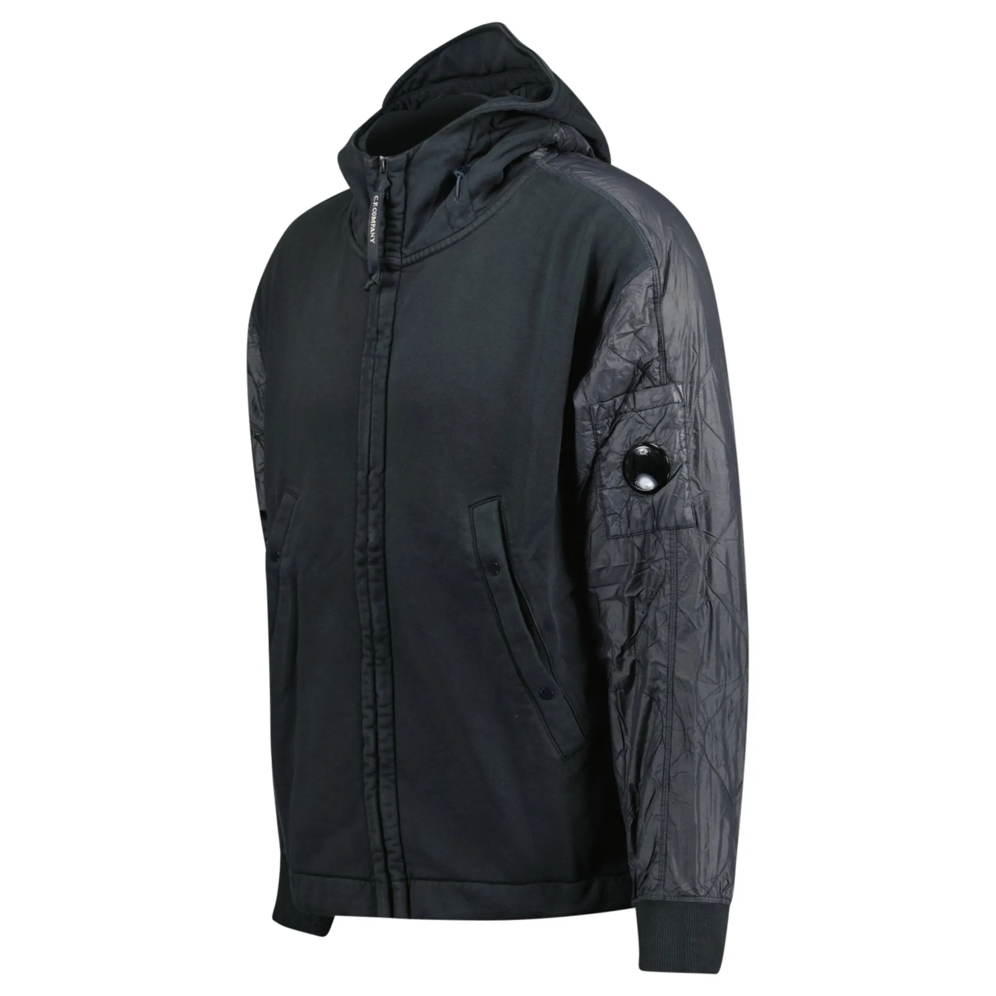 CP COMPANY DIAGONAL RAISED MIXED QUILTED LENSE HOODIE BLACK
