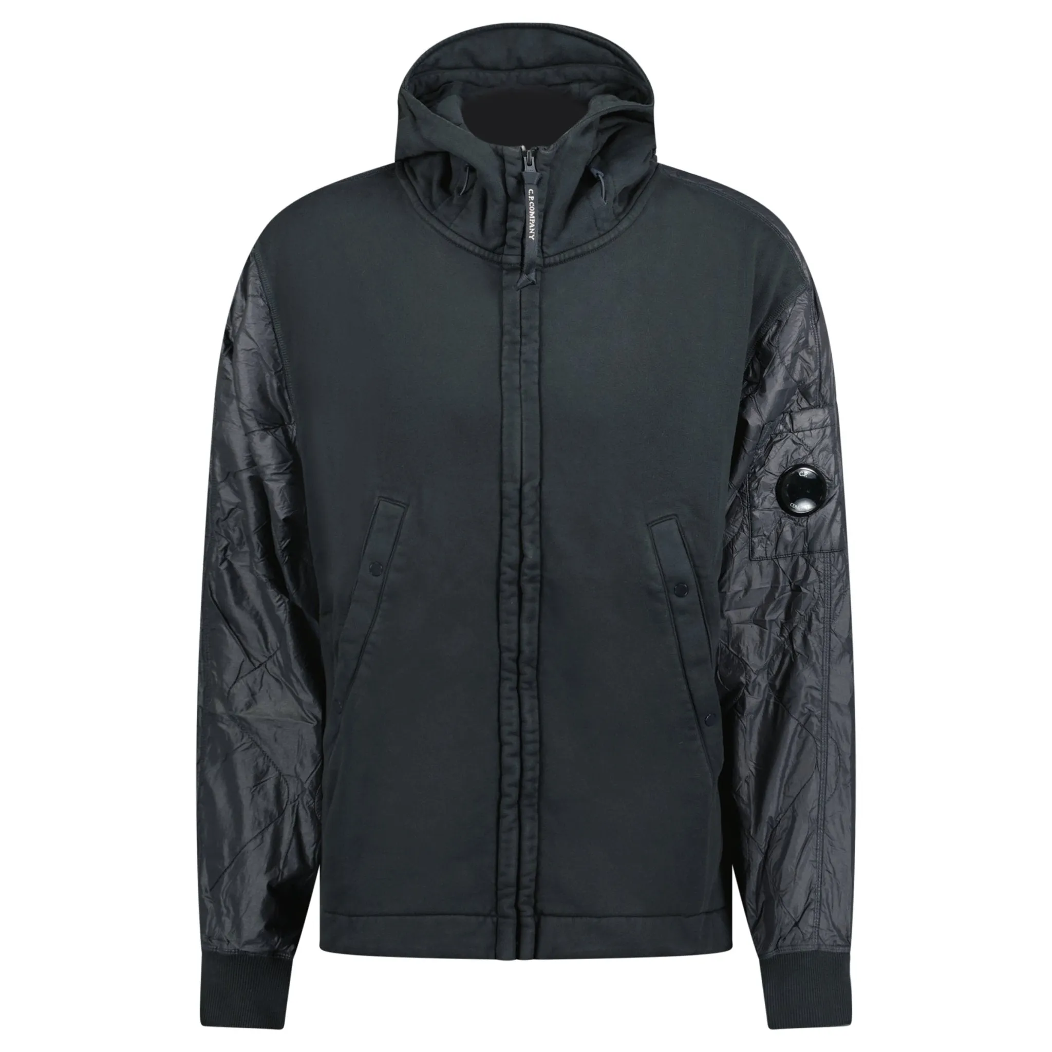 CP COMPANY DIAGONAL RAISED MIXED QUILTED LENSE HOODIE BLACK