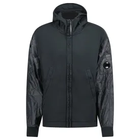 CP COMPANY DIAGONAL RAISED MIXED QUILTED LENSE HOODIE BLACK