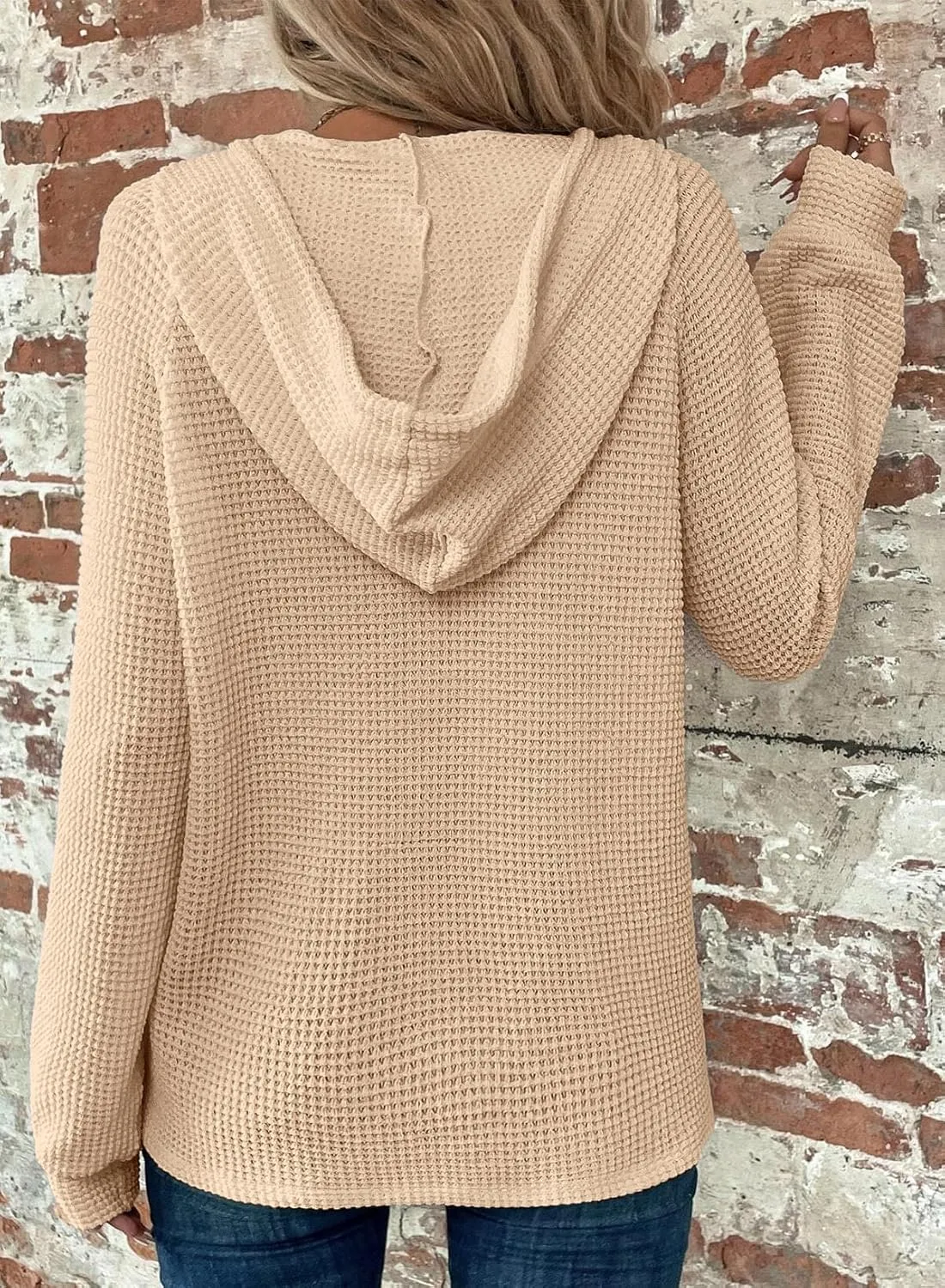 Dokotoo Hoodies for Women Waffle Knit Long Sleeve Drawstring Button V Neck Casual Pullover Sweatshirt Hooded Tops