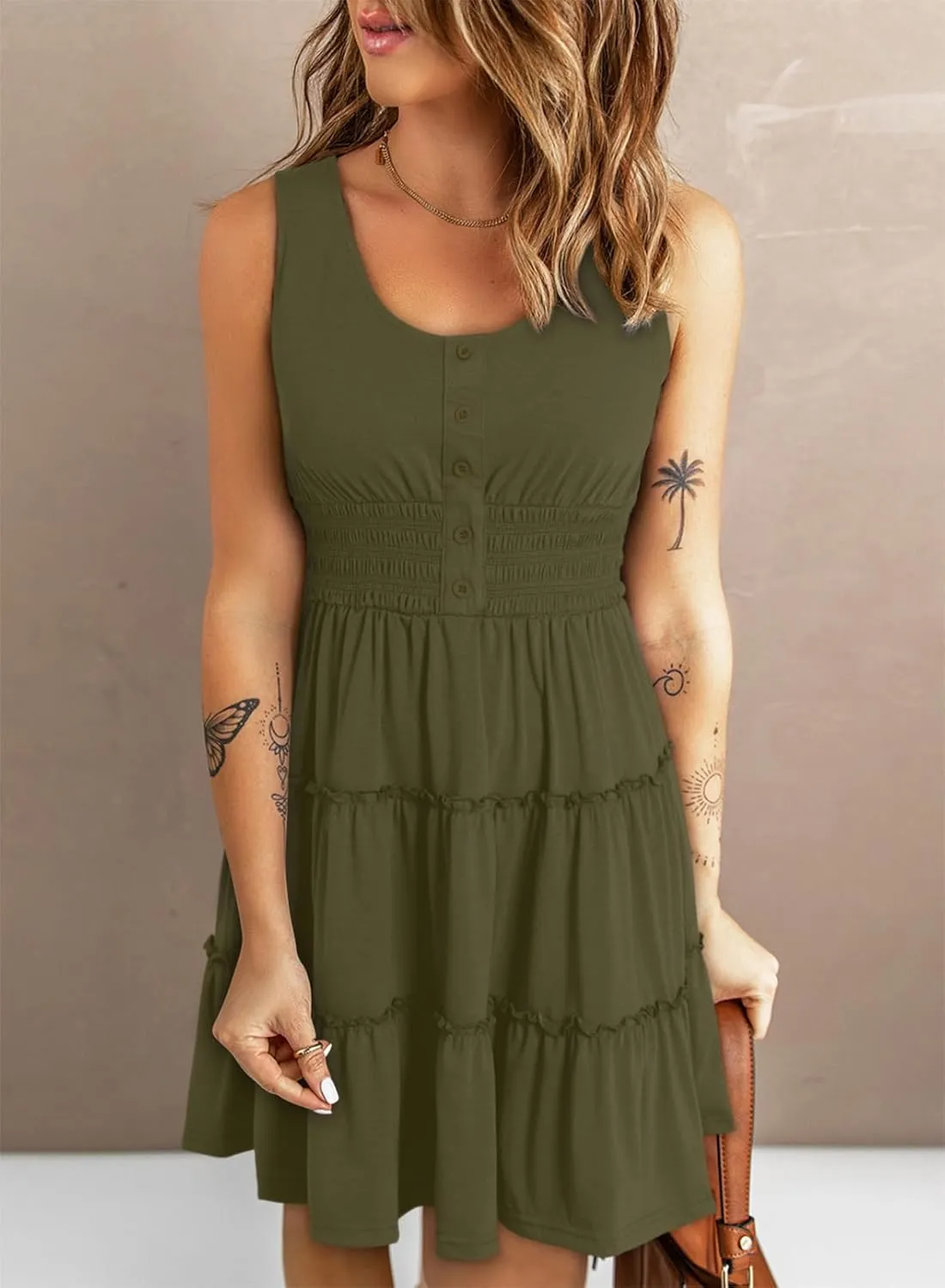 Dokotoo Womens Summer Dresses 2025 Sleeveless Button Down Smocked Empire Waist Ruffle Tiered Casual Swing Mini Dress