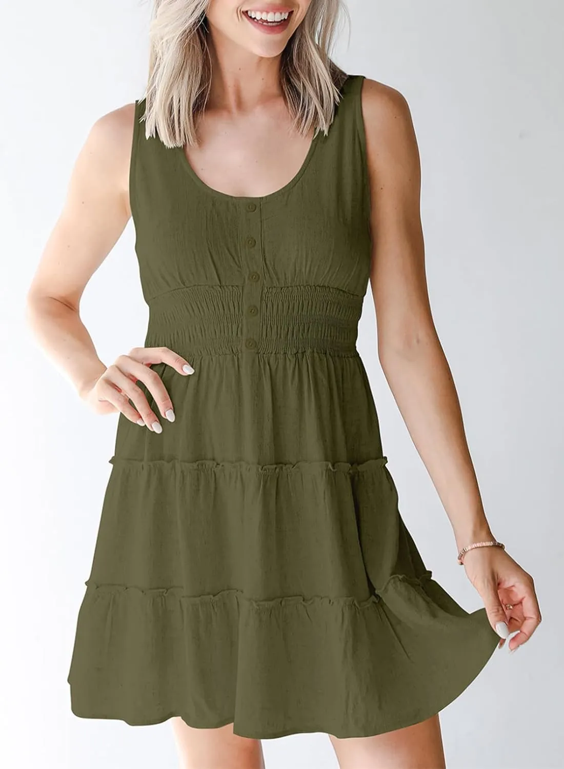 Dokotoo Womens Summer Dresses 2025 Sleeveless Button Down Smocked Empire Waist Ruffle Tiered Casual Swing Mini Dress