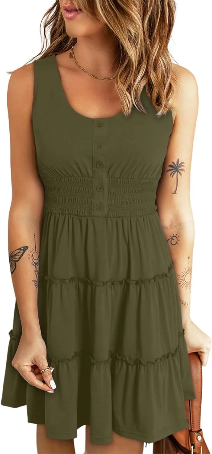 Dokotoo Womens Summer Dresses 2025 Sleeveless Button Down Smocked Empire Waist Ruffle Tiered Casual Swing Mini Dress